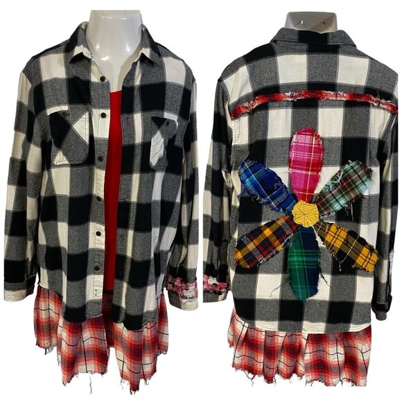 Flannel Shirt Womens Large Shacket Cottage Grunge Camp Rock Country Upcycled - Picture 1 of 16